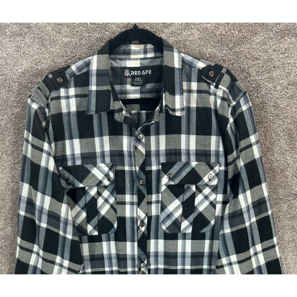 Red Ape Shirt Mens 2XL Black Gray Plaid Button Up Long Sleeve Pockets Collared - Picture 3 of 6